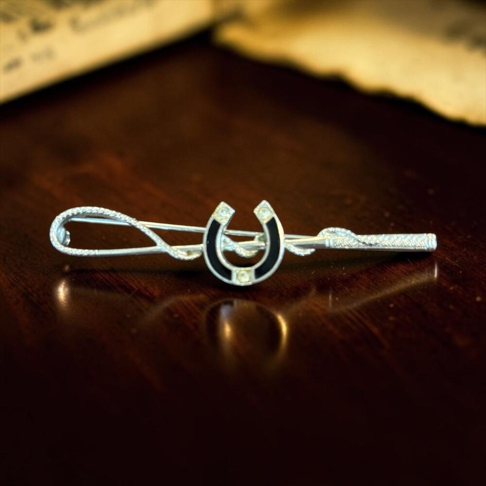 Art Deco Horseshoe Riding Crop Brooch Black Enamel Equestrian Bar Pin